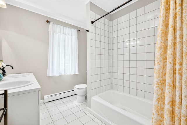 4 S Hill Rd, Tomkins Cove, NY 10986 - full bathroom featuring a baseboard radiator, tile patterned flooring, shower / tub combo with curtain, and double vanity