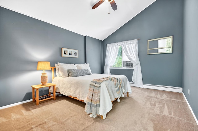 4 S Hill Rd, Tomkins Cove, NY 10986 - bedroom featuring carpet floors, a baseboard radiator, ceiling fan, high vaulted ceiling, and cooling unit