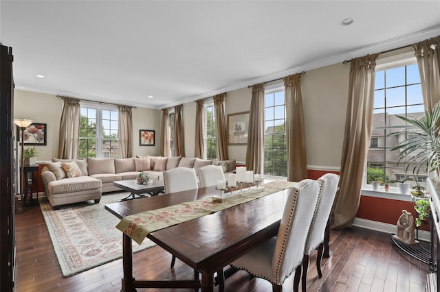 8 Langeloth Dr, Cortlandt Manor, NY 10567 - dining area with healthy amount of natural light, crown molding, dark wood-style floors, and recessed lighting