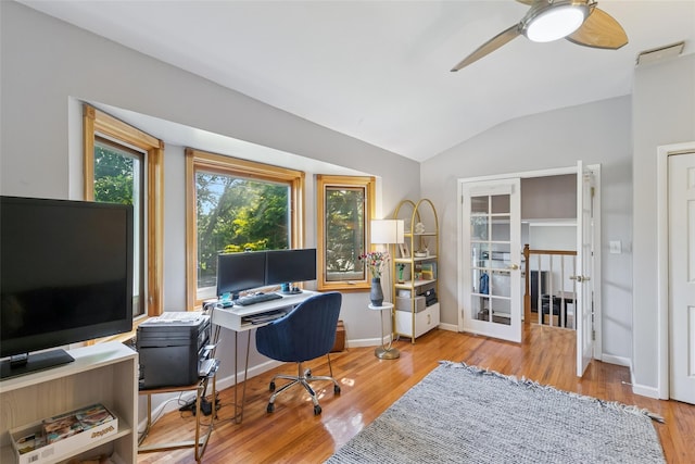 7 Nantucket Ln, Deer Park, NY 11729 - office area with vaulted ceiling, french doors, wood finished floors, and a ceiling fan