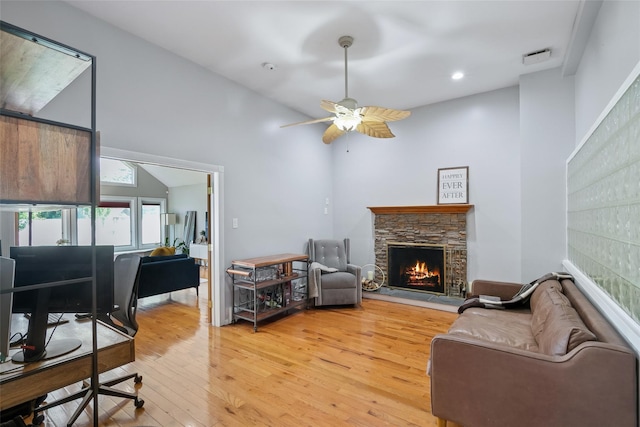 7 Nantucket Ln, Deer Park, NY 11729 - living area featuring light wood-style flooring, ceiling fan, a stone fireplace, recessed lighting, and an office area