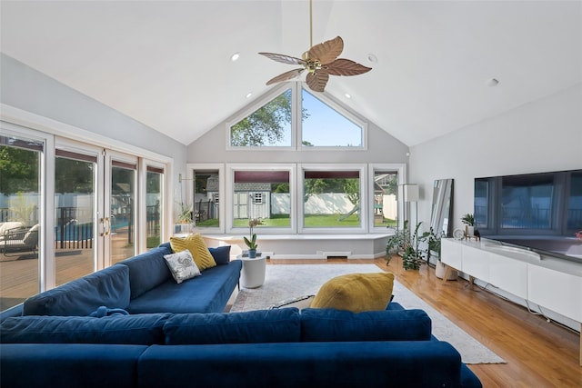 7 Nantucket Ln, Deer Park, NY 11729 - living area featuring high vaulted ceiling, ceiling fan, and wood finished floors