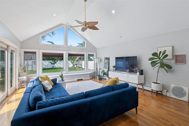 7 Nantucket Ln, Deer Park, NY 11729 - living room featuring high vaulted ceiling, ceiling fan, and wood finished floors