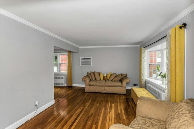 20 Spring Garden St, Valley Stream, NY 11580 - living room with radiator, hardwood / wood-style floors, ornamental molding, and healthy amount of natural light