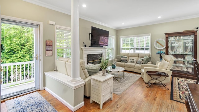 35 Terrace Ln Unit 35, Patchogue, NY 11772 - living area with light wood-style floors, crown molding, a high end fireplace, and recessed lighting