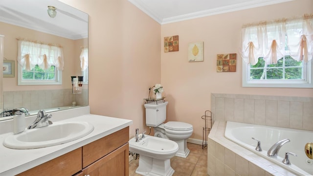 35 Terrace Ln Unit 35, Patchogue, NY 11772 - full bath featuring a garden tub, a bidet, vanity, ornamental molding, and healthy amount of natural light