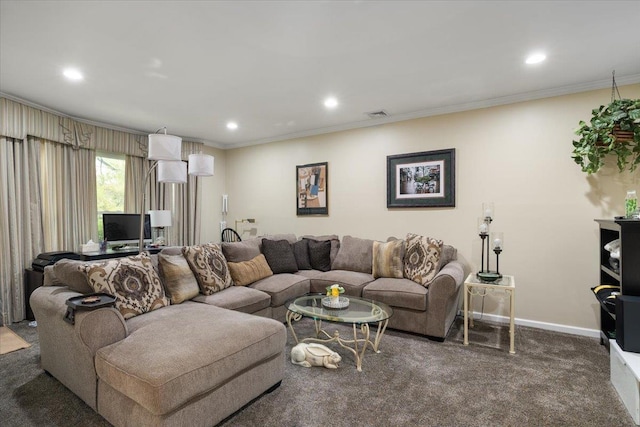 1 Ledgewood Cir E, Setauket, NY 11733 - living area featuring recessed lighting, crown molding, baseboards, and carpet flooring