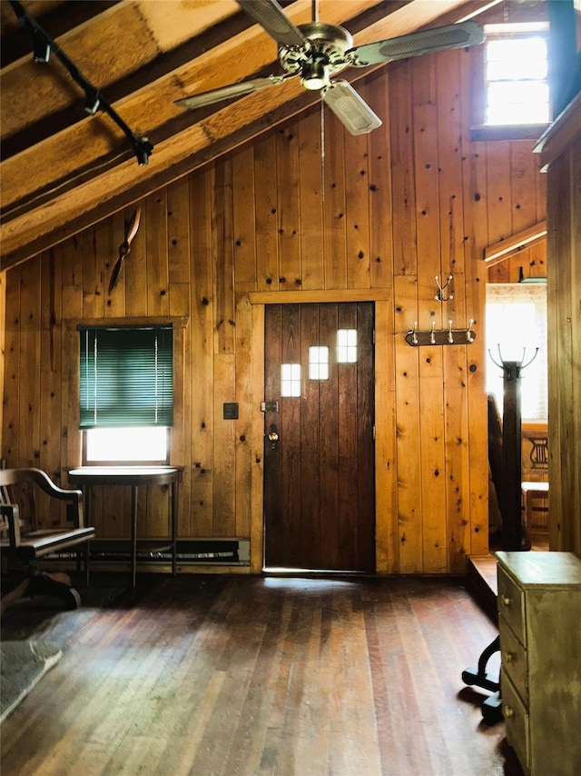 26 E Tusten, Smallwood, NY 12778 - foyer with lofted ceiling, wood finished floors, wood walls, and ceiling fan