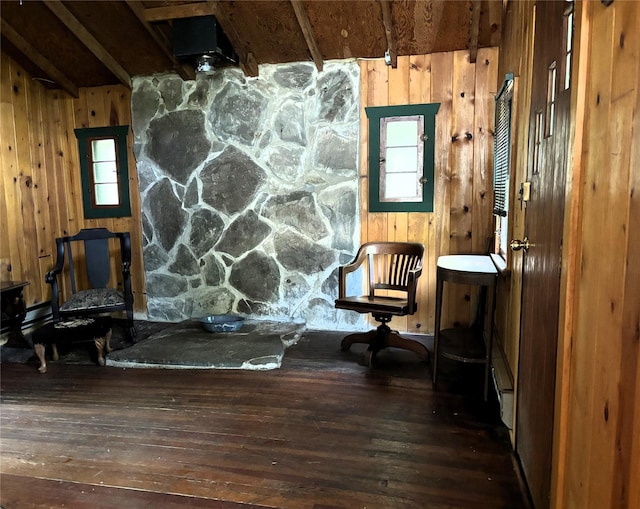 26 E Tusten, Smallwood, NY 12778 - sitting room with hardwood / wood-style flooring, wood walls, and beamed ceiling