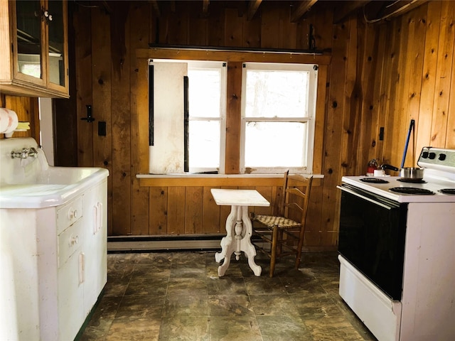 26 E Tusten, Smallwood, NY 12778 - kitchen with white range with electric cooktop, wooden walls, a baseboard radiator, and glass insert cabinets