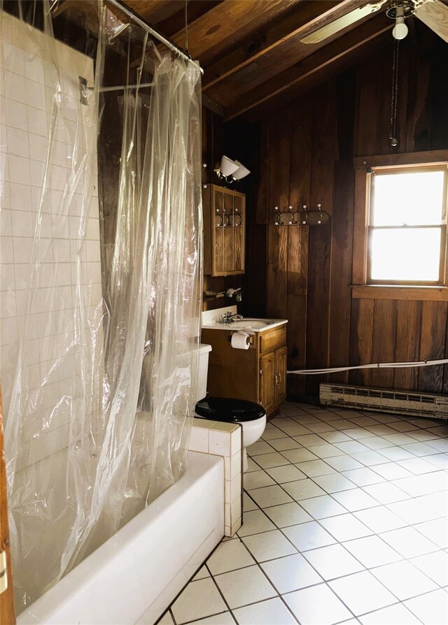 26 E Tusten, Smallwood, NY 12778 - bathroom with a baseboard radiator, vanity, shower / bath combination with curtain, tile patterned flooring, and a ceiling fan