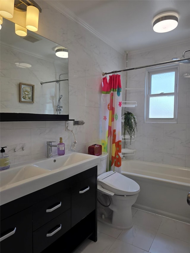 244-59 89th Ave, Bellerose, NY 11426 - full bath featuring vanity, shower / bath combo with shower curtain, tile walls, ornamental molding, and marble finish flooring