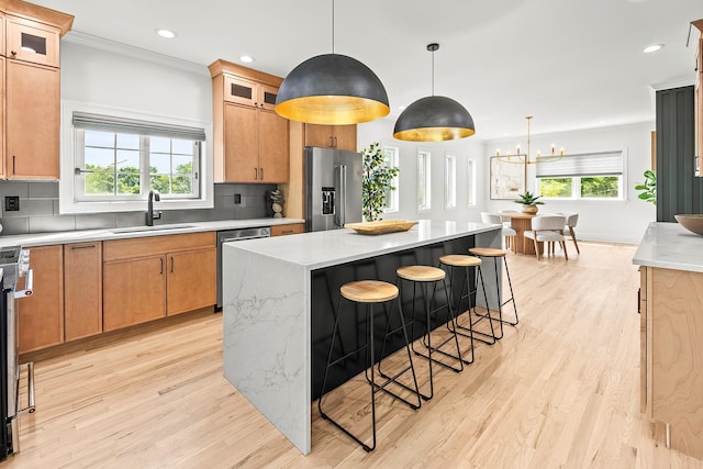 2022 Van Cortlandt Cir, Yorktown Heights, NY 10598 - kitchen featuring appliances with stainless steel finishes, light wood-style flooring, backsplash, healthy amount of natural light, and recessed lighting