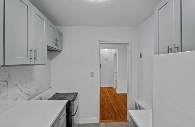 67-47 136th St Unit A, Kew Garden Hills, NY 11367 - kitchen with backsplash, wood finished floors, and gray cabinetry
