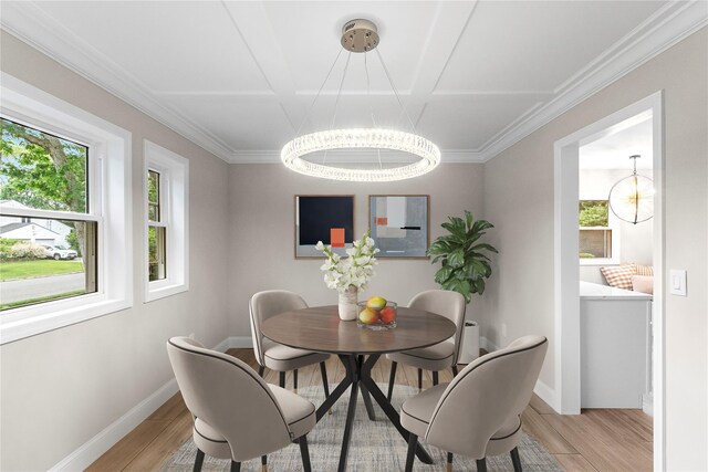 105 Julbet Dr, Sayville, NY 11782 - dining space with healthy amount of natural light, light wood-style floors, a chandelier, coffered ceiling, and ornamental molding