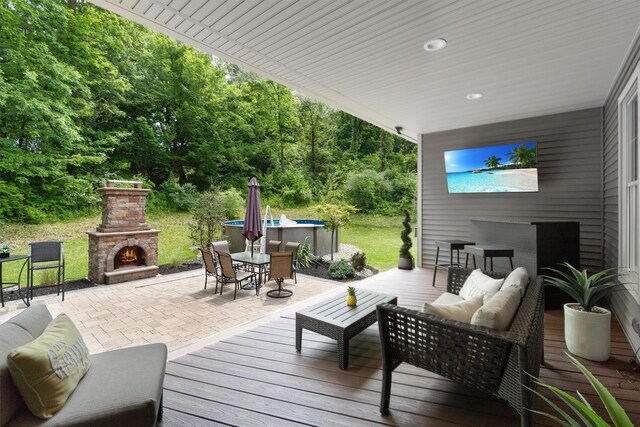1 Hidden Hills Ct, Warwick, NY 10990 - wooden terrace featuring outdoor dining area, an outdoor living space with a fireplace, and a patio area