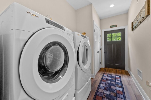 1 Hidden Hills Ct, Warwick, NY 10990 - laundry room featuring washing machine and clothes dryer, wood finished floors, and recessed lighting