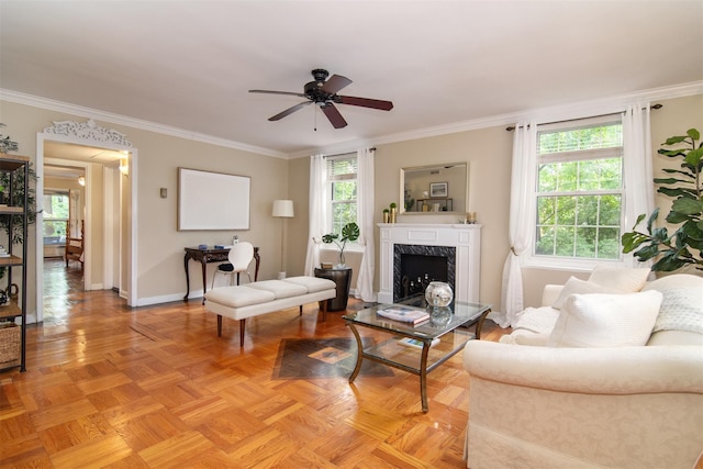 1360 Midland Ave Unit 1B, Bronxville, NY 10708 - living area with ornamental molding, a ceiling fan, and a high end fireplace