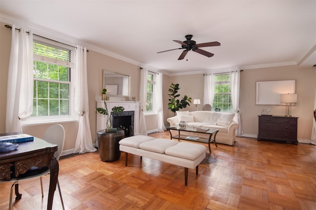 1360 Midland Ave Unit 1B, Bronxville, NY 10708 - living room with ceiling fan, a fireplace, and ornamental molding