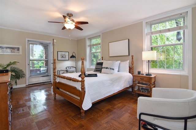 1360 Midland Ave Unit 1B, Bronxville, NY 10708 - bedroom with multiple windows, crown molding, access to exterior, and a ceiling fan