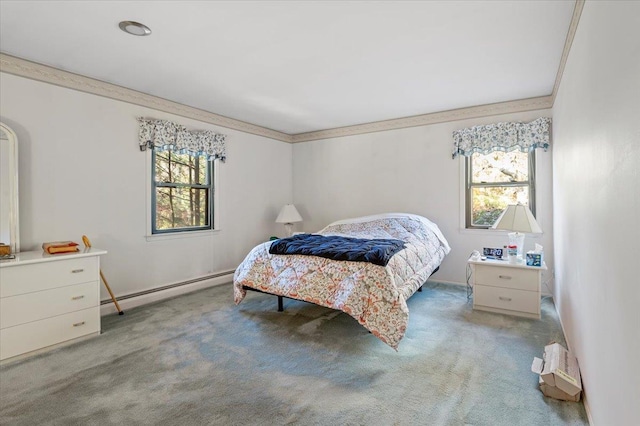 175 Laurel Ln, Laurel Hollow, NY 11791 - bedroom featuring multiple windows, carpet, a baseboard heating unit, and ornamental molding