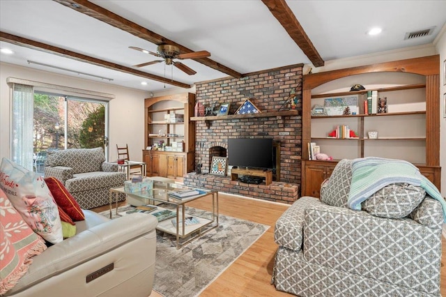 175 Laurel Ln, Laurel Hollow, NY 11791 - living area with a ceiling fan, beamed ceiling, wood finished floors, and recessed lighting
