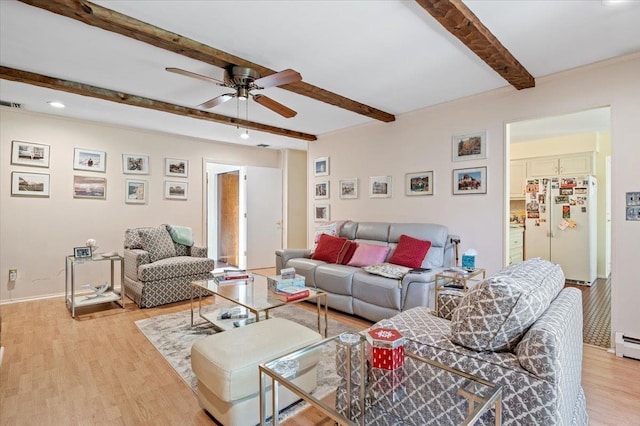 175 Laurel Ln, Laurel Hollow, NY 11791 - living room with beamed ceiling, a ceiling fan, light wood-type flooring, and recessed lighting
