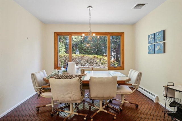 175 Laurel Ln, Laurel Hollow, NY 11791 - dining space featuring a baseboard heating unit, a chandelier, and carpet floors