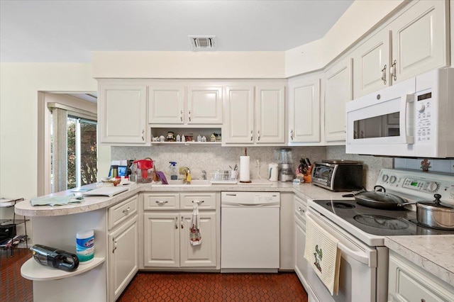175 Laurel Ln, Laurel Hollow, NY 11791 - kitchen with white appliances, open shelves, light countertops, and white cabinets
