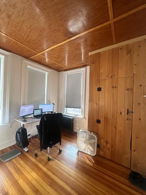 457 Main St Apt 5, Beacon, NY 12508 - office space featuring radiator, wood finished floors, wood ceiling, and healthy amount of natural light