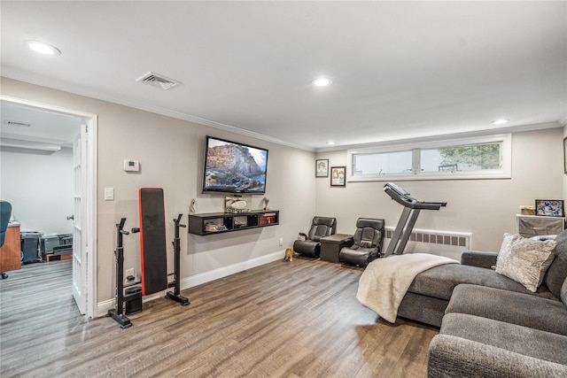 86 Phipps Ln, Plainview, NY 11803 - workout room featuring radiator, wood finished floors, crown molding, and recessed lighting