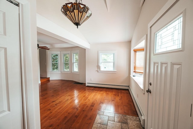 19 Harper Ave, Montrose, NY 10548 - entryway with a baseboard radiator, lofted ceiling, hardwood / wood-style floors, and a ceiling fan