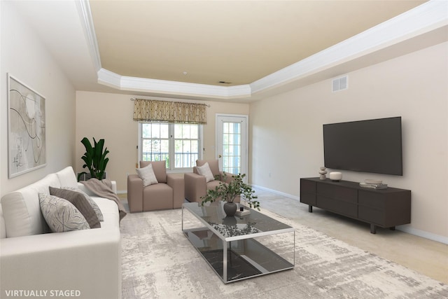 30 N De Baun Ave N Unit 208, Suffern, NY 10901 - carpeted living area with crown molding and a tray ceiling