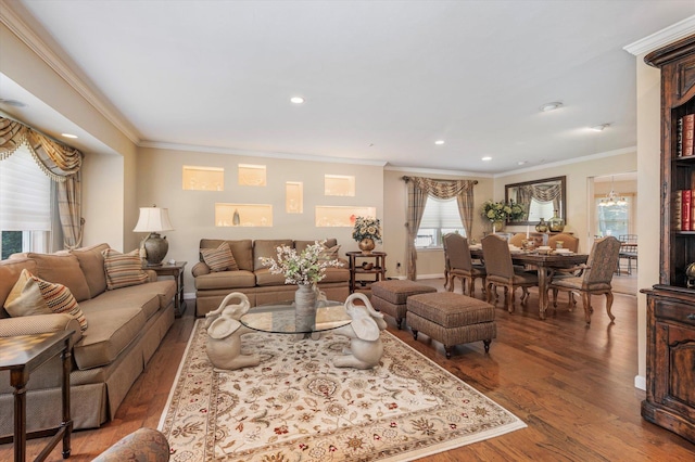 27 Bridle Path, Roslyn, NY 11576 - living room with crown molding, wood finished floors, and recessed lighting