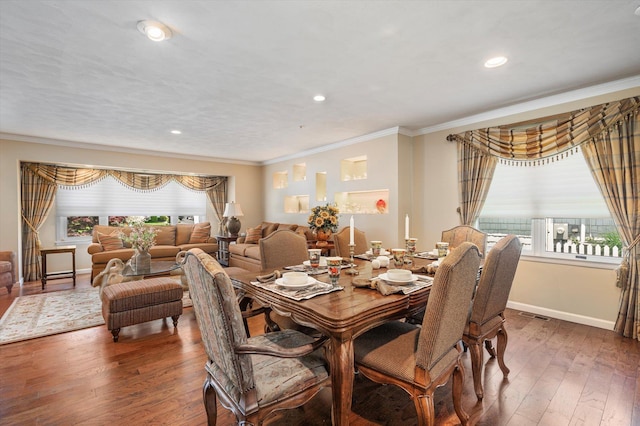 27 Bridle Path, Roslyn, NY 11576 - dining space with crown molding, hardwood / wood-style flooring, and recessed lighting