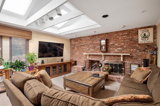 27 Bridle Path, Roslyn, NY 11576 - carpeted living area with a skylight, a fireplace, and brick wall