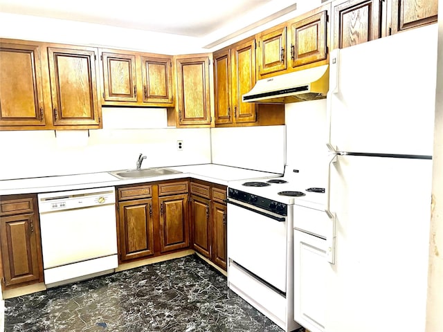 530 Hudson Ave Unit A4, Cedarhurst, NY 11516 - kitchen featuring white appliances, under cabinet range hood, dark marble finish floors, light countertops, and brown cabinets