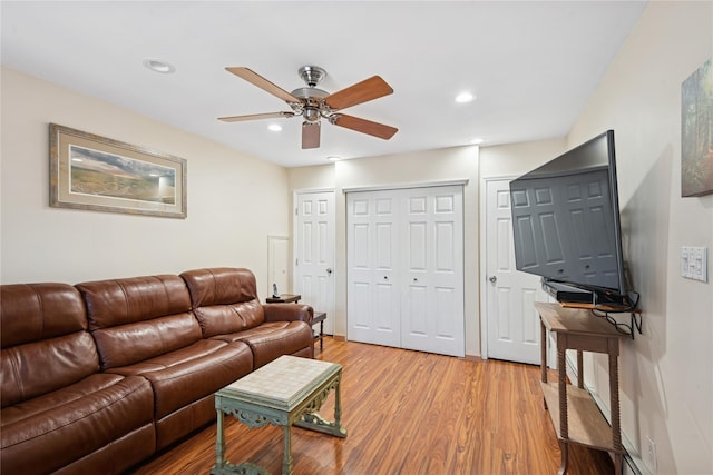 6 Grey Rock Ct, Bethpage, NY 11714 - living room featuring a ceiling fan, light wood-type flooring, and recessed lighting