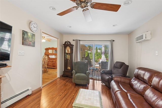 6 Grey Rock Ct, Bethpage, NY 11714 - living room with a baseboard heating unit, a wall mounted air conditioner, a ceiling fan, wood finished floors, and recessed lighting