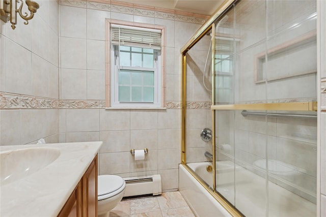 6 Grey Rock Ct, Bethpage, NY 11714 - full bath with a baseboard radiator, tile walls, enclosed tub / shower combo, and vanity