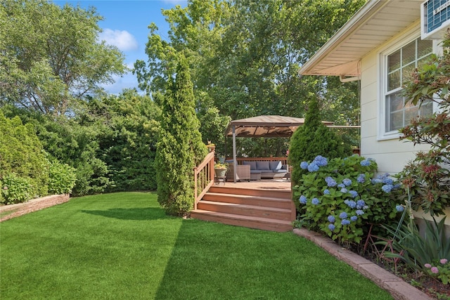 6 Grey Rock Ct, Bethpage, NY 11714 - view of green lawn featuring a gazebo, a wooden deck, and an outdoor hangout area