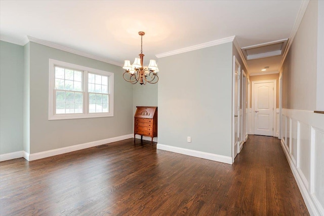 56 Lakeland Ave, Babylon, NY 11702 - empty room featuring crown molding, dark wood-type flooring, and a chandelier