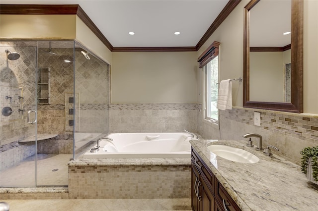 64 Highland Ave, Roslyn, NY 11576 - full bath with crown molding, a bath, a shower stall, and vanity