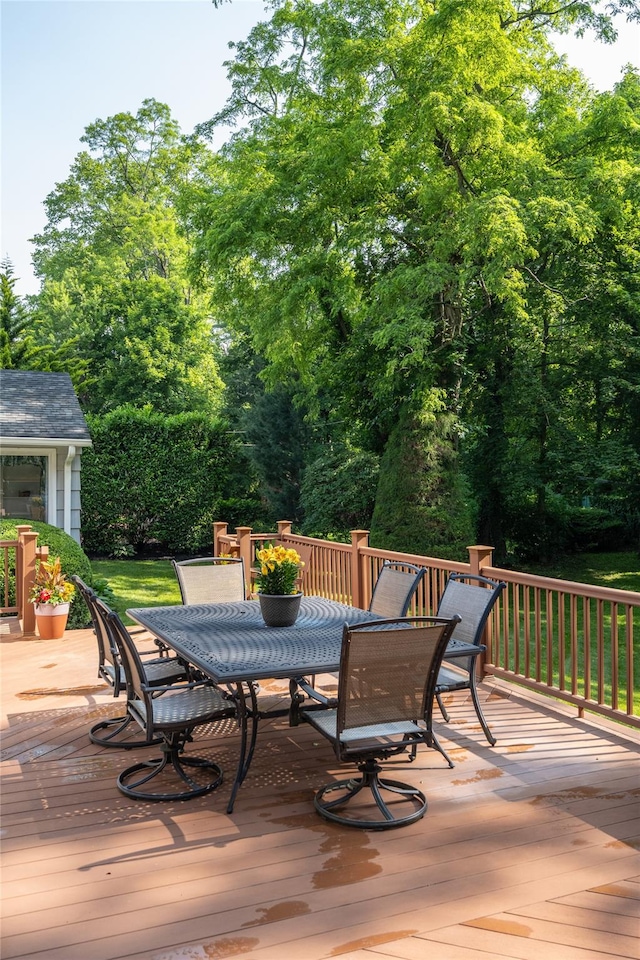64 Highland Ave, Roslyn, NY 11576 - wooden terrace featuring outdoor dining space and an outdoor structure