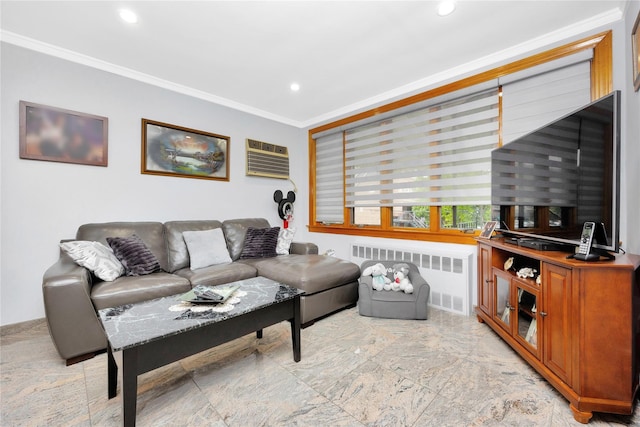 2616 Brown St, Brooklyn, NY 11235 - living area with radiator, ornamental molding, recessed lighting, a wall mounted air conditioner, and light marble finish flooring