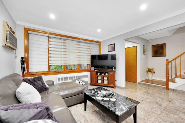 2616 Brown St, Brooklyn, NY 11235 - living room featuring radiator, light marble finish flooring, stairway, ornamental molding, and recessed lighting