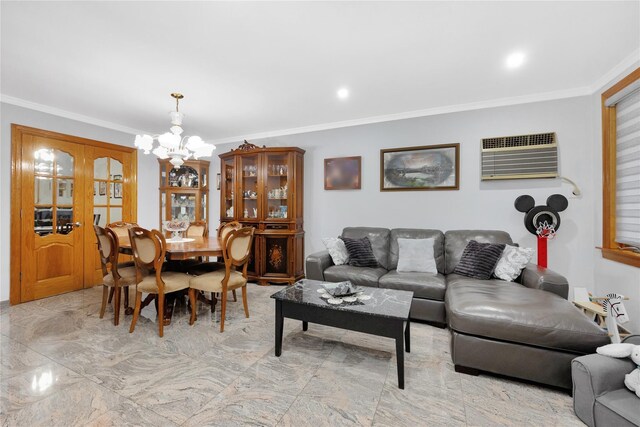 2616 Brown St, Brooklyn, NY 11235 - living room with a chandelier, ornamental molding, and a wall unit AC