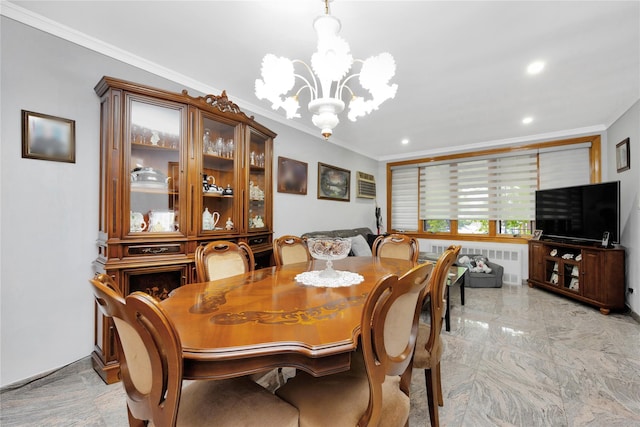 2616 Brown St, Brooklyn, NY 11235 - dining space with radiator, crown molding, a chandelier, recessed lighting, and an AC wall unit