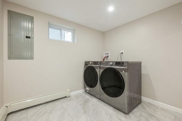 1086 Lehman Rd, West Hempstead, NY 11552 - washroom with electric panel, baseboard heating, washing machine and clothes dryer, and light marble finish floors