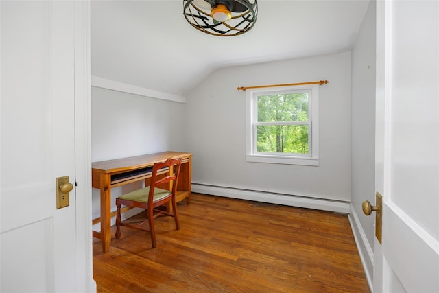 591 Hillside Lake Rd, Wappingers Falls, NY 12590 - office with a baseboard radiator, lofted ceiling, and wood finished floors